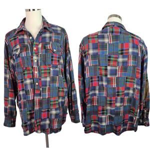 Polo Ralph Lauren Red Blue Patchwork Flannel Elbow Patch Vintage Shirt Men's XXL